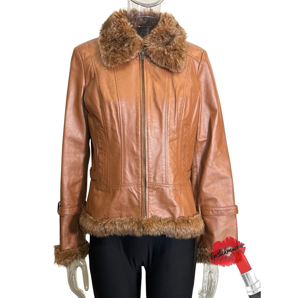 Vintage Together Leather Jacket Womens 12 Brown Bomber Faux Fur Trim 70s